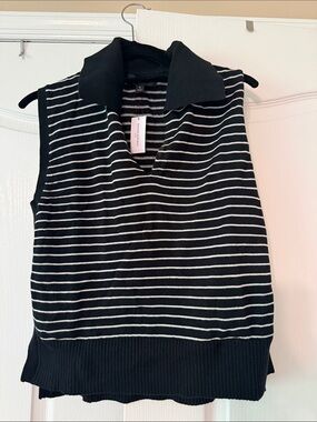 Banana Republic Black and White Striped Sleeveless Collared Tank